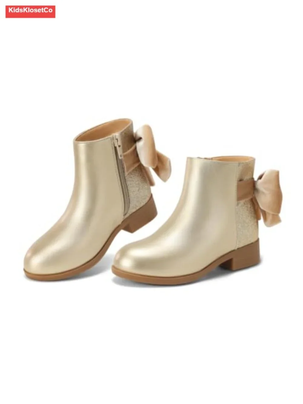 Girls Glitter Ankle Boots Faux Suede Leather Low Chunky Heel Bow Zip Dress